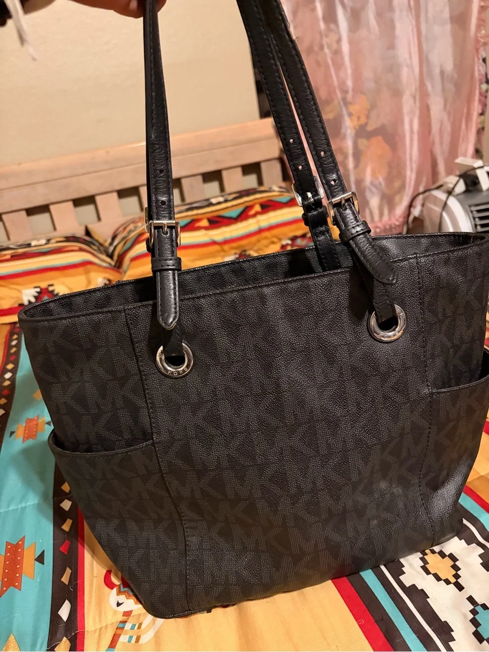 Michael Kors Black Monogram Tote with Silver MK Charm - Picture 4 of 4